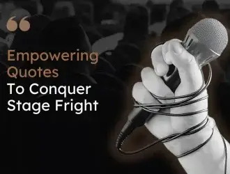 Hand holding microphone, quotes on stage fright