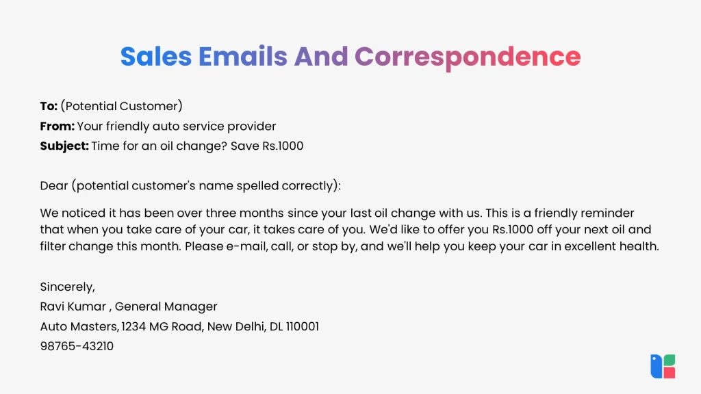 Sales email template for auto service reminder