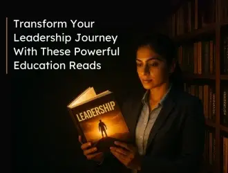 Woman reading leadership book in library