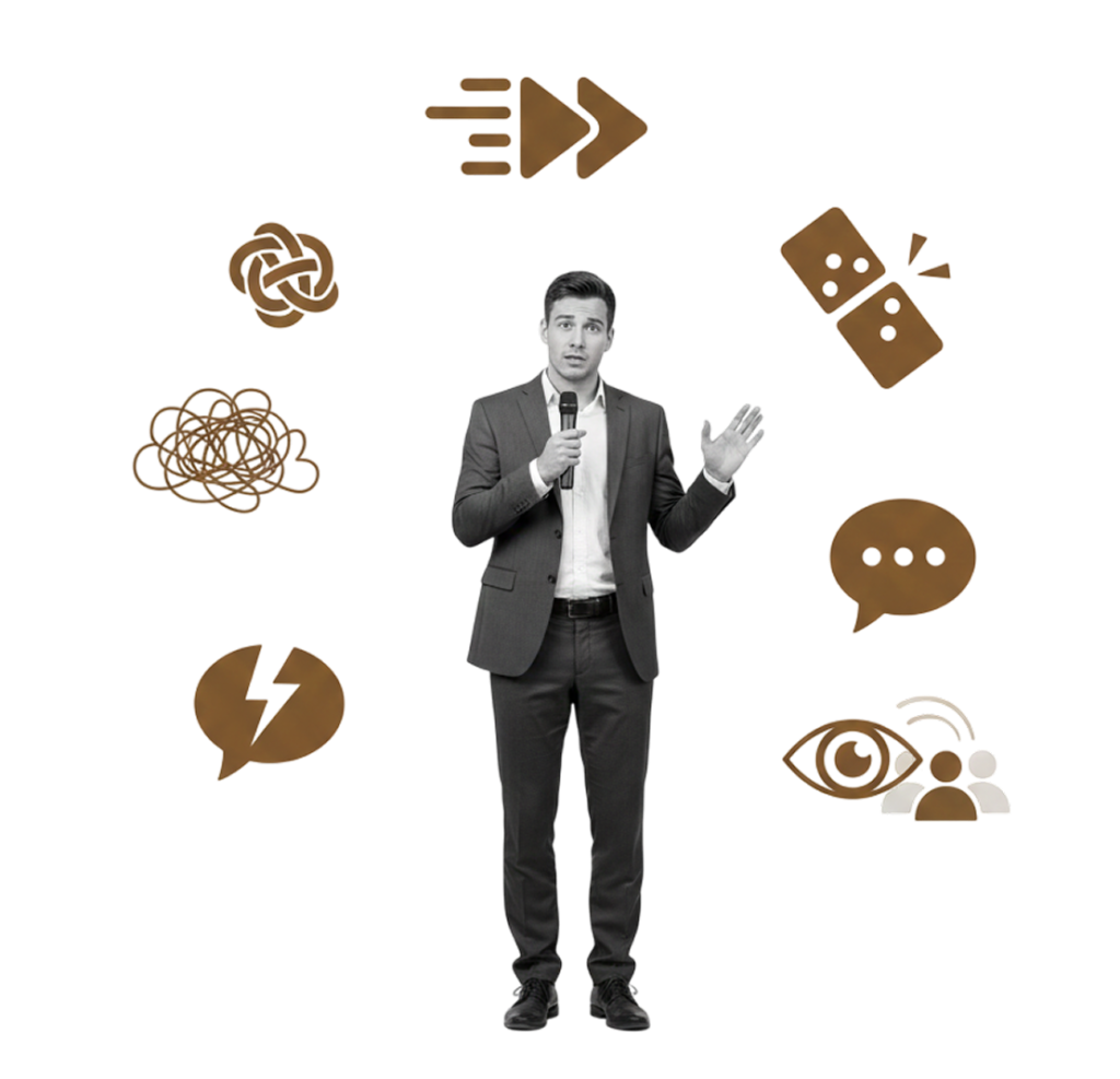 Man presenting leadership concepts with icons