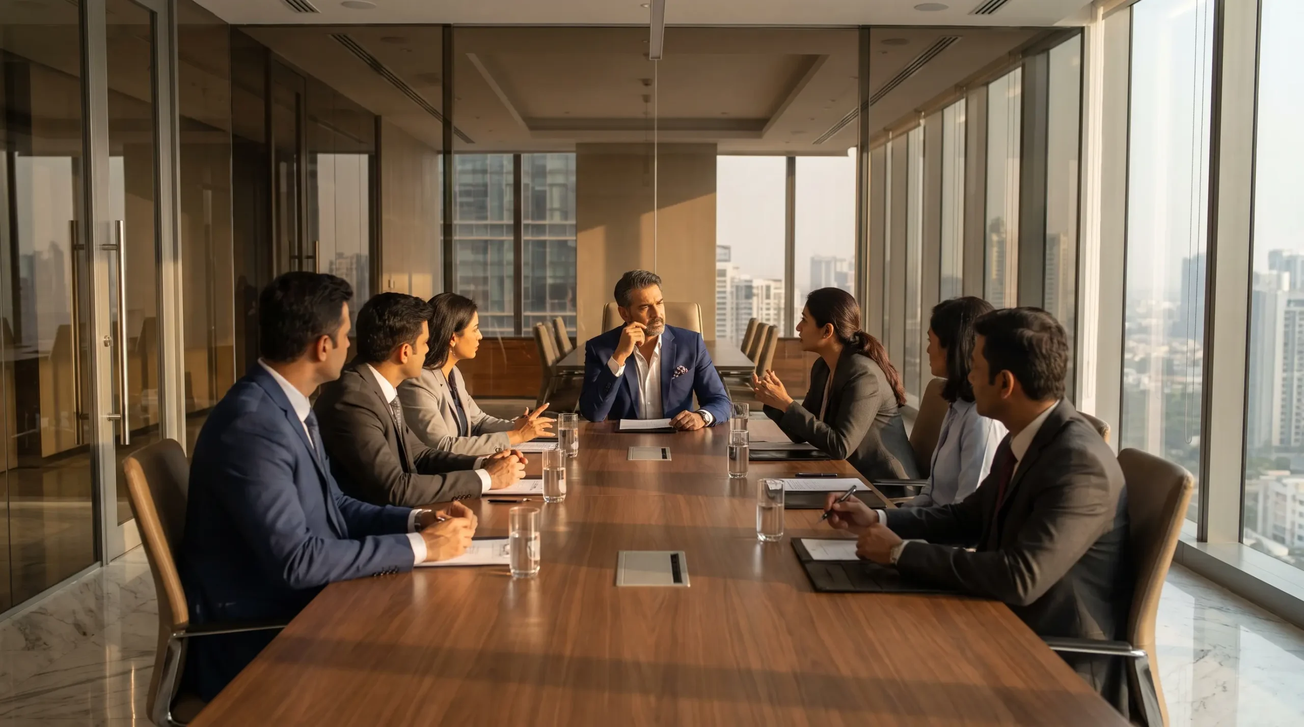 Leaders meeting around office table